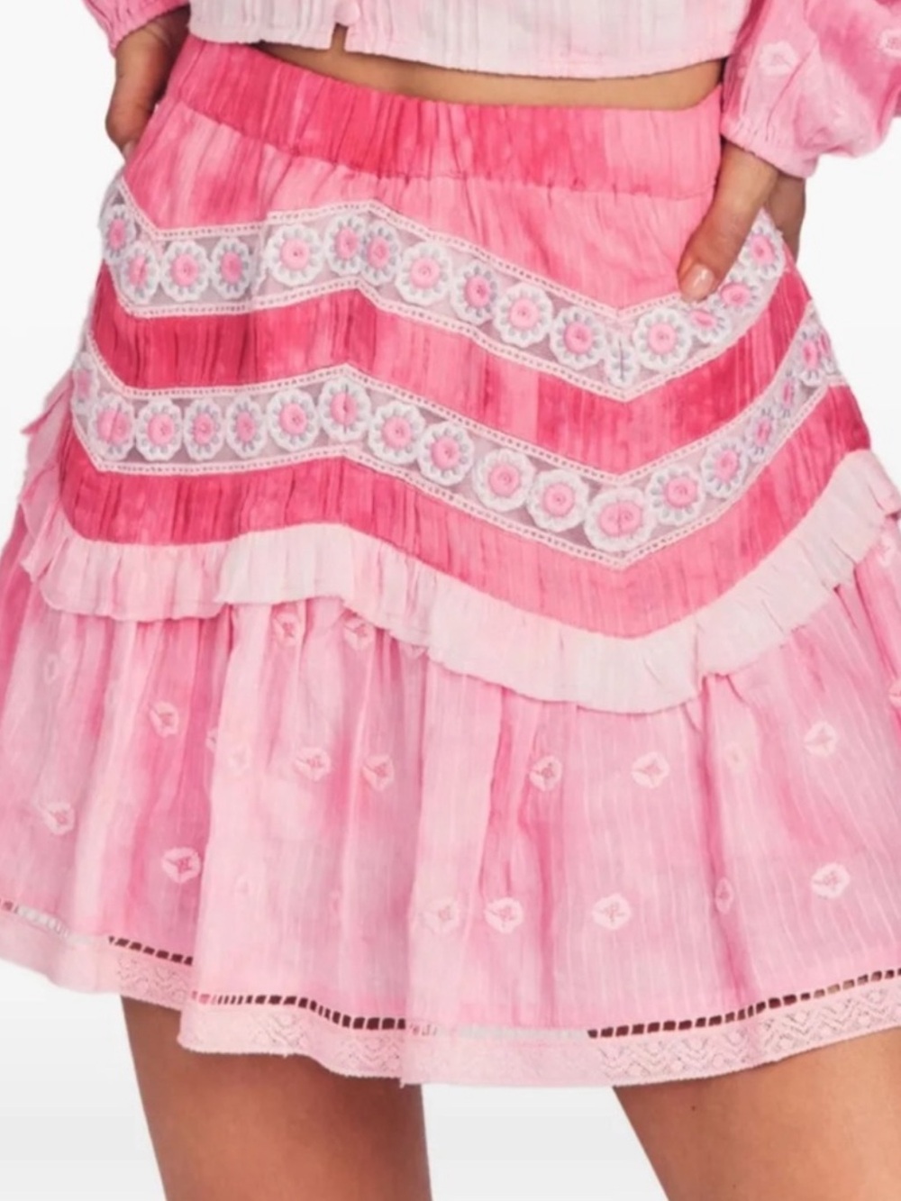 LoveShackFancy Felice Tiered Ruffle Mini Skirt Pink Tie Dye Lace Medium